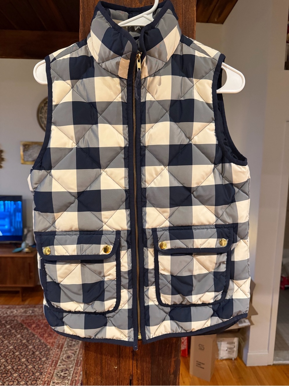 J. Crew Navy & Cream Quilted Check Vest